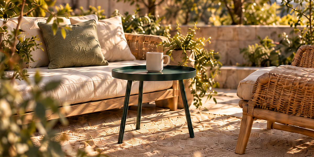 A peaceful patio with comfortable seating and garden greenery